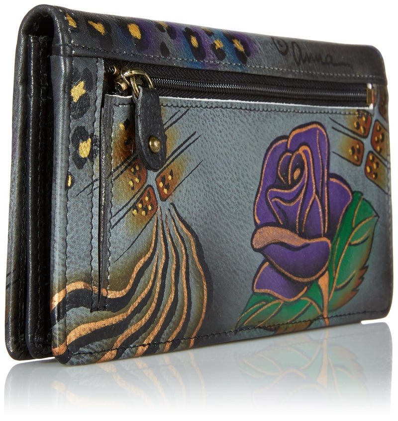 Anna by Anuschka Womens Handpainted Leather Ladies Wallet Snap Button Closure, Rose Safari Grey,One Size - Image 3
